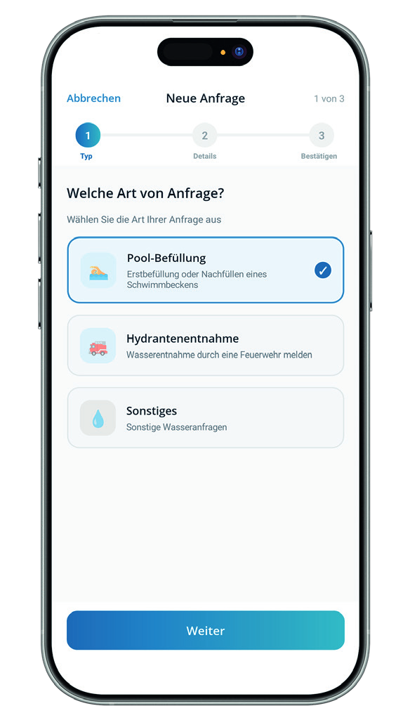 Gemeindewasser-App: neue Anfrage für Pool-Befüllung, Hydrantenentnahme oder Sonstiges
